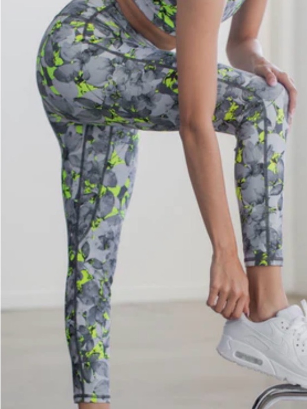 High-Waist Gray Floral Leggings with Neon Green Detail